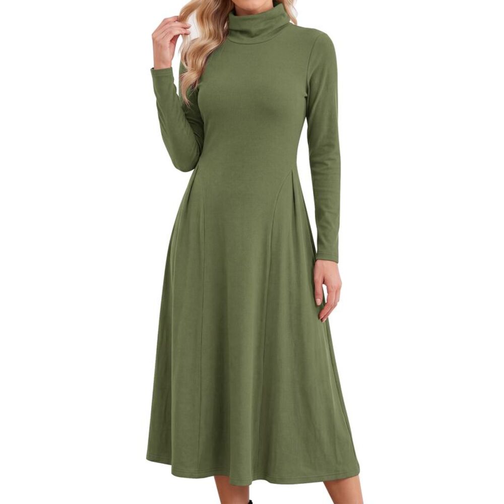 Womens Turtleneck Dress Long Sleeve Ribbed Knit A Line Midi Dresses Green